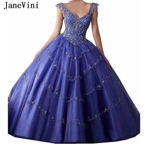 JaneVini Luxury Purple Tulle Puffy Quinceanera Dresses Long Ball Gown Deep V Neck Crystal Beaded Plus Size Princess Party Gowns