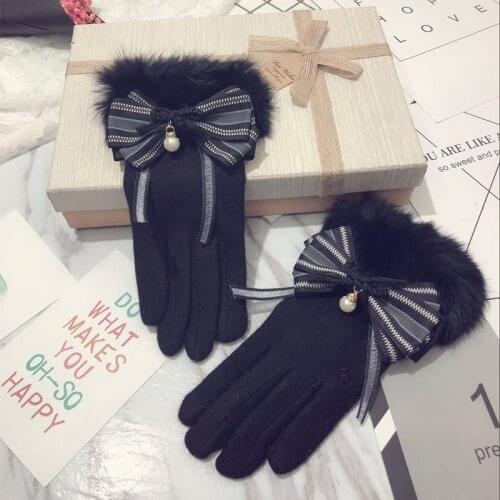 Cashmere Wool Gloves Ladies Winter Rabbit Fur Korean Cute Student Plus Velvet Thickening Warm Touch Screen Driving Gloves