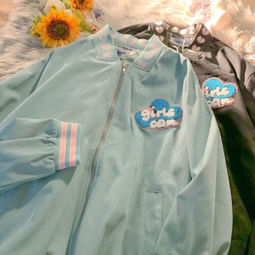 Harajuku kawaii baseball uniform Korean casual sweet Harajuku love embroidery long-sleeved jacket women punk oversized outerwear