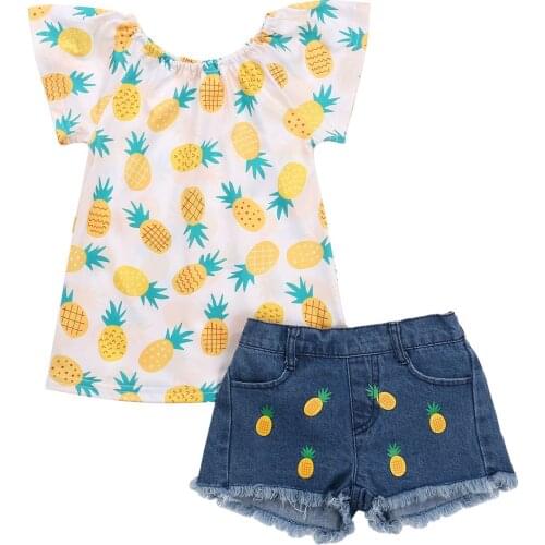 2-7Years Kid Girls 2 PCS Outfit Set Pineapple Pattern Short Sleeve Loose Pleated Top, Short Elastic Band Pants Summer Set