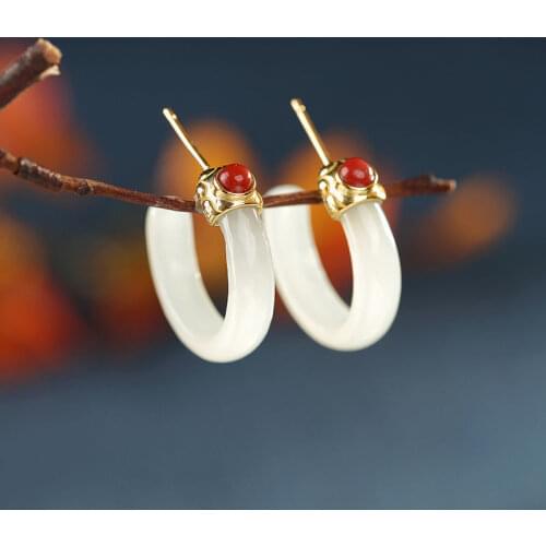 Natural Hetian Jade White Jade Chinese Style round Ring Earrings S925 Sterling Silver Gray Jade Jade Eardrops Classical Palace S