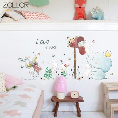 Zollor Lovely Rabbits Mailbox Wall Sticker for Children Room Nursery Cartoon Home Background Mural Decals Removable Wallpaper