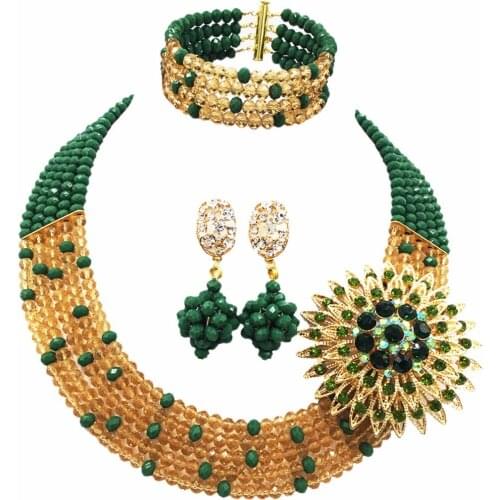 Fashion 5 Layers Opaque Dark Green Gold Nigerian Wedding African Beads Jewelry Set Crystal Necklace Earrings 5L-ZJ018