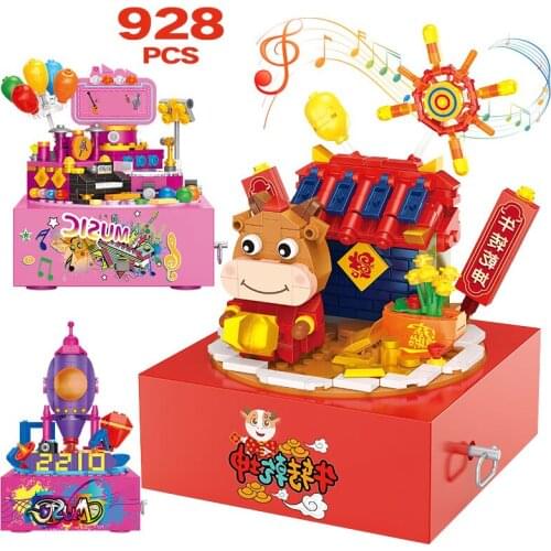 928pcs 3 IN 1 City Street View Rotation Music Box Technical Building Blocks Friends Spin Sound Bricks Educational Toys For Kids
