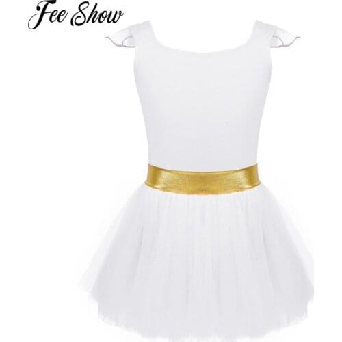 3-8 Years Kids Girls Tank Ballet Lyrical Dress Mesh Flying Sleeves Gold Waistband Ballet Dance Gymnastics Leotard Tutu Dress