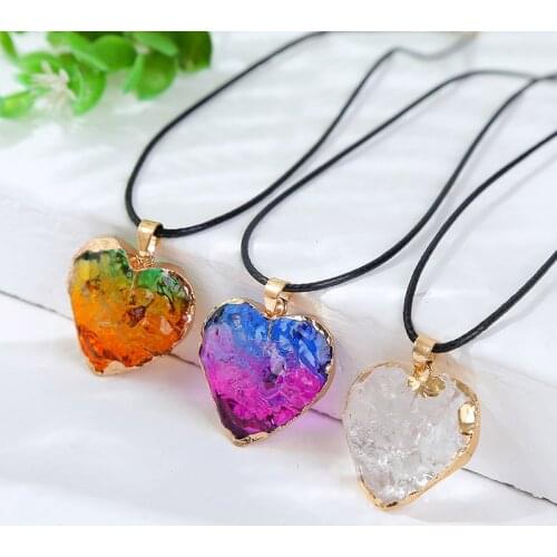 Bohemian Female Trendy Multicolor Transparent Crystal Big Heart Pendants Necklaces For Women Black Leather Rope Chain Necklace
