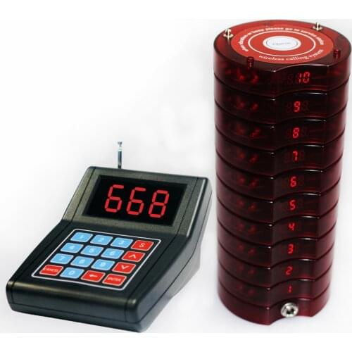 10 Coaster pager buzzers+ 1 999-channel keypad caller queuing wireless Paging system restaurant /office/serivce calling system