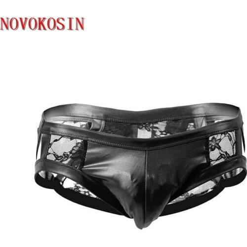 OY02 2020 Sexy Back Lace G-strings Thongs Gay Underwear Men Leather Triangle Panties Night Club PU Lingerie Bulge Cock Pouch