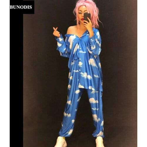 ZD332 Women Sexy Blue Sky White Cloud 3D Printed Stage Wear Costumes Nightclub Party Dancer Singer Performance Show Time Clothed