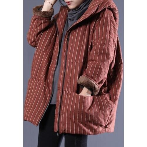 Cotton Women Parkas 2021 Autumn Winter Coat Hooded Thick Loose Stripe Fleece Plus Size Jackets Female Warm Oversized Outerwear