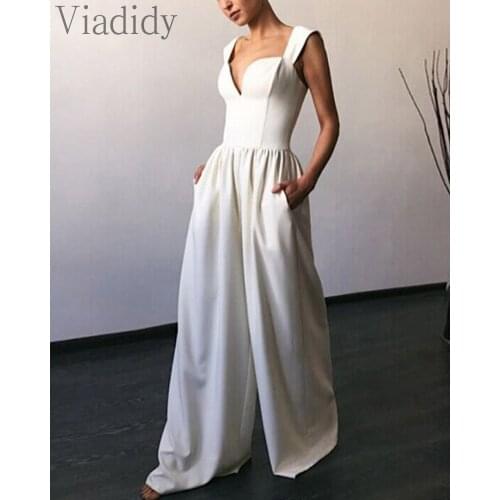 Women V-Neck Strap Backless Jumpsuit Casual Solid Color Romper