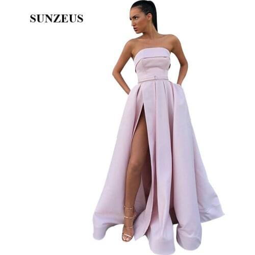 A-line Strapless Pink Evening Dresses With High Leg Slit Simple Elegant Long Satin Formal Gowns Women Party Gowns Lange Jurk