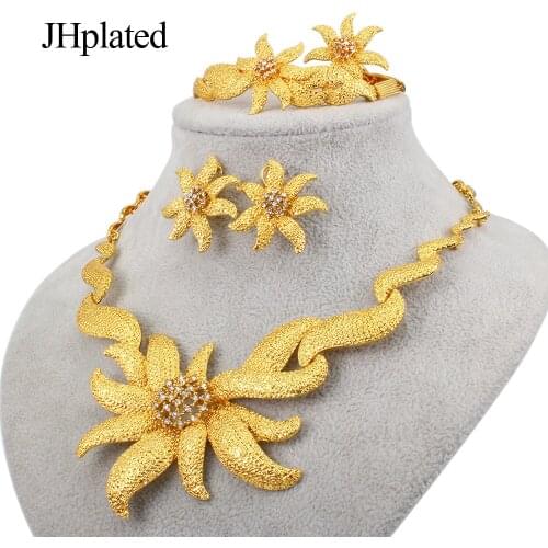 Dubai Gold color 24K jewelry sets African bridal wedding gifts flower pendant necklace earrings ring bracelet set for women