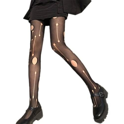 066C Women Retro Distressed Ripped Hole Black Pantyhose Hollow Out Mesh Fishnet Silky Tights Stockings Sexy Lingerie Party