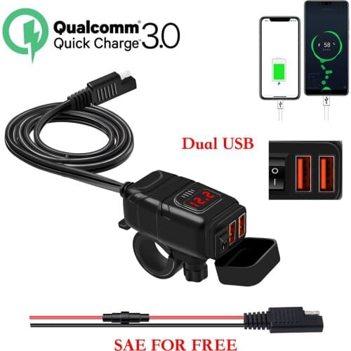 12V Motorcycle Waterproof Dual USB Fast Charger QC3.0 With SAE Adapter Switch Digital Voltmeter Quick Charge Built-in Smart Chip