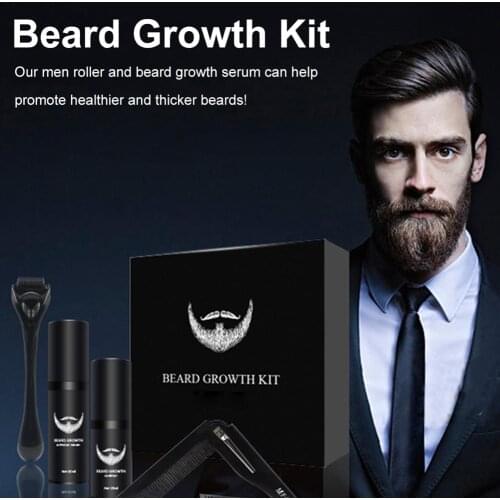4pcs Beard Care Set Beard Care Tool Beard Growth Serum Promote Beard Growth Beard Cleaning Solution Beard Roller Beard Comb Set