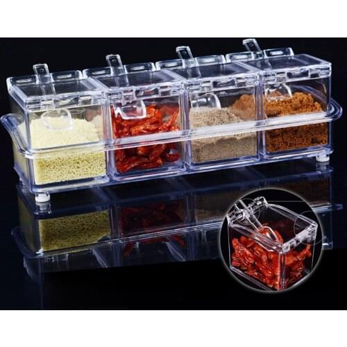 4 In 1 Transparent Seasoning Box With Spoon Spices Seasoning Jar Sugar Salt Bottle Organizer Kitchen Storage Boxes Accessories