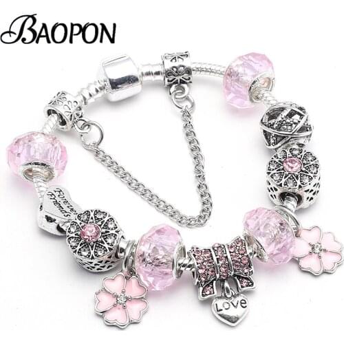 BAOPON Vintage Silver Color Charm Bracelets With Love Key Pendant DIY European Style Brand Bracelets For Women Gift Dropshipping