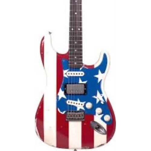 Lvybest electric guitar with white background body &red strip lines. with blue star decal and relic guitar.chrome parts