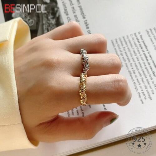 Besimpol 100% Real 925 Sterling Silver Knotted Ring Female Minimalist French Style Open Rings For Women Fashion Fine Jewelry