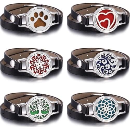 Leather Aromatherapy Diffuser Bracelet Multilayer Flower Tree of Life Locket Bracelet Perfume Aroma Bracelet Diffuser Jewelry