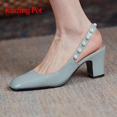 Krazing Pot 2021 summer new arrival cow patent leather square toe high heels pearl decoration Korean street cozy women pumps L01