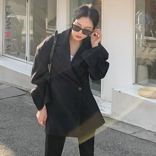 LANMREM 2021 New Autumn Winter Suit Collar Solid Color Long Sleeve Sing Button Blazer Women Vintage Loose Wild Coat Tide PD911