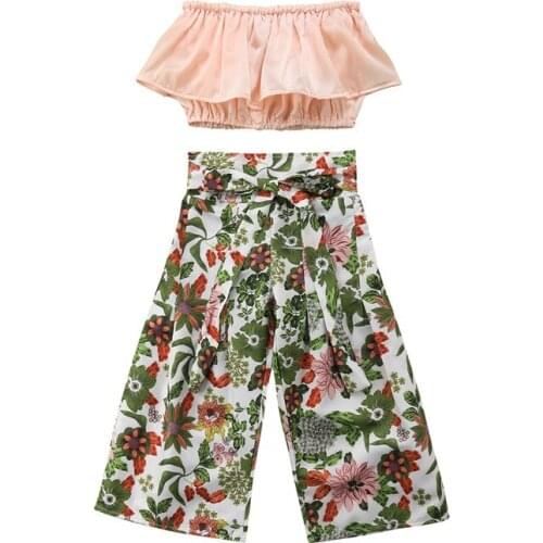 Summer 2-7Y Clothes Sets Toddler Kids Baby Girls 2Pcs Off Shoudler T-shirt Crop Tops + Floral Bow Belt Wide Leg Pants Outfit
