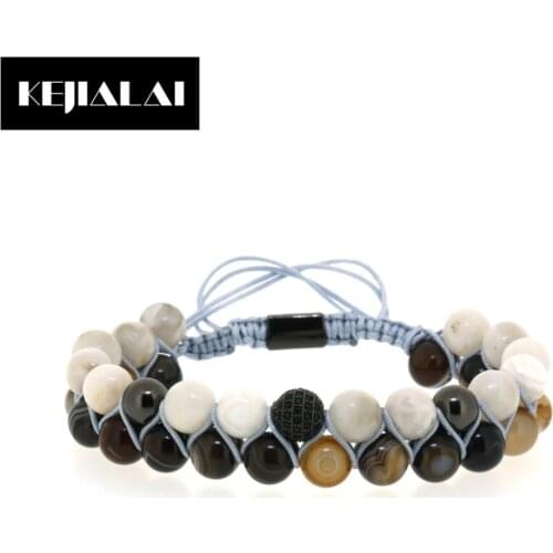 Fashion Trendy Men Bracelets Double Rows Natural Stone Bracelet 6mm Coffee Stripe Beads Black CZ Ball Macrame Bracelet