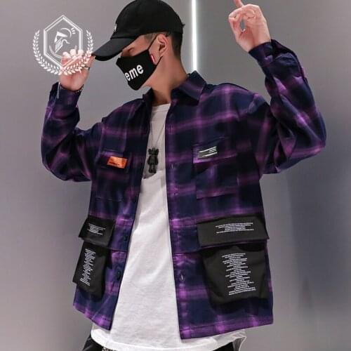 Men Fashion Loose Plaid Print Casual Safari Style Pockets Hip Hop Shirts