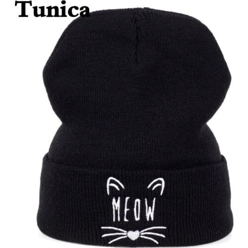 New fashion Warm Knitted Hat Female Letter Embroidery Cute Kitten Hat Womens Winter Fashion Casual Skullies Beanies Men Caps