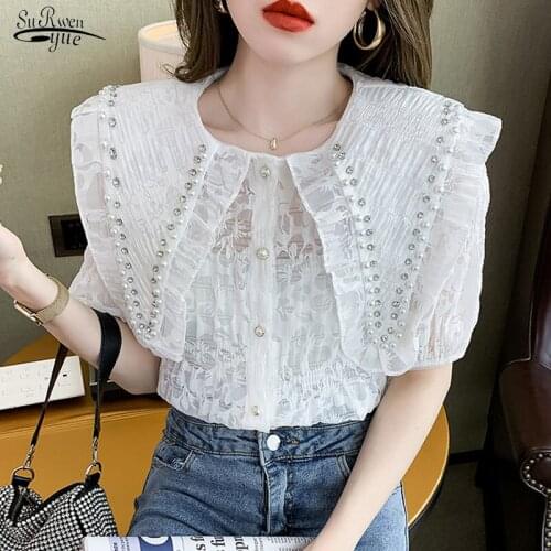 2021 Summer New Casual Loose Beading Lace Shirt Korean Fashion White Shirt Embossed Shirt Girl Thin Women Tops Chic Blusas 15246