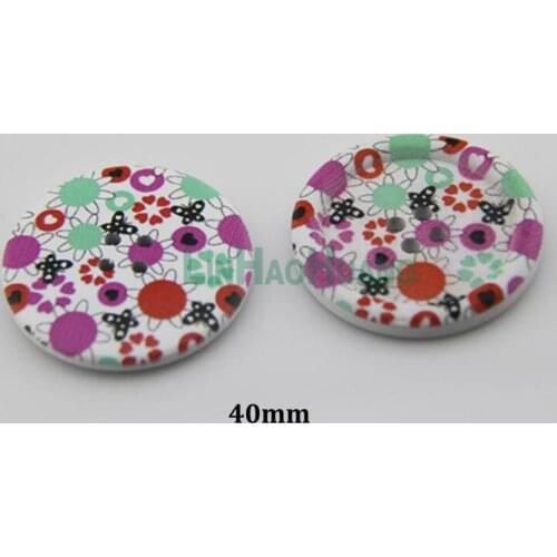 Wholesale DIY fancy 50pcs 40mm 4-hole BIG round wood buttons flower design painting free shipping 2015071801