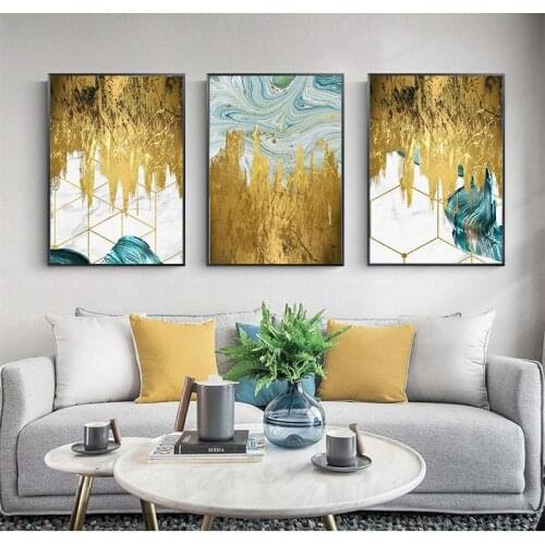 Gold Foil and Blue Paint Abstract Geometry Canvas Painting Poster Print Unique Decor Wall Art Pictures For Living Room Bedroom