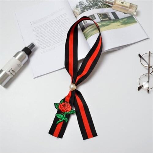 Casual New Rose Floral Print Striped Skinny Scarf Brand Narrow Silk Scarves Women Head Band Long Handle Bag Ribbons Wraps Tie