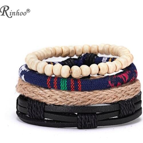 RINHOO 4pcs/Set Vintage Leather Beaded Bracelets for Men Wrist Strap Wrap Punk Black Braided Fashion Jewelry Bracelets Bangles