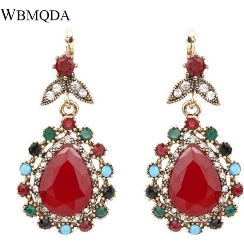 Wbmqda Luxury Bohemian Vintage Red Earrings For Women Gold Color Resin Water Drop Pendant Earrings 2018 New Indian Jewelry