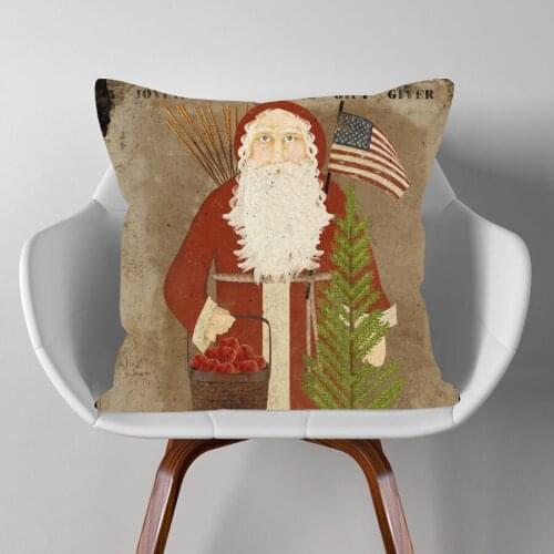 Merry Christmas Santa Claus Cushion Covers Festival Xmas Tree Art Retro Vintage Style Linen Pillow Case