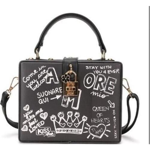 Totes Bag Style Pu Women Handbag Graffiti Text Women Box Lock Flap Bag a6586