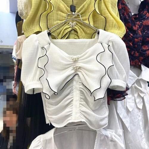 Cropped Blouse for Women 2021 Summer New Temperament Ruffle Rhinestone Pearl Bow Decoration All-Matching Shirt Lady Tops