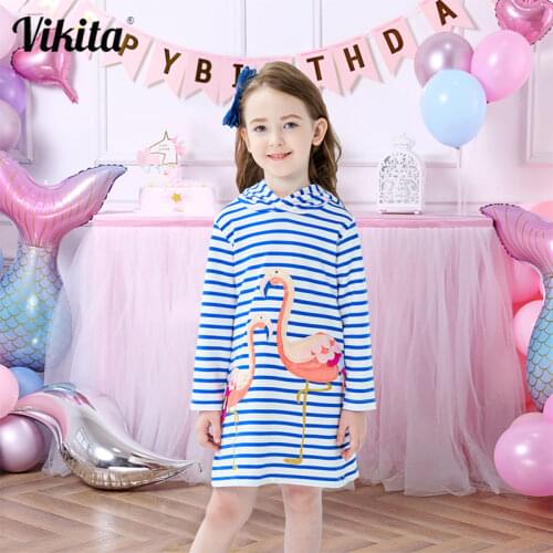 VIKITA Kids Girls Dress Autumn Kids Hooded Dresses for Girl Costumes Children Striped Dress Girl Flamingo Long Sleeve Clothes