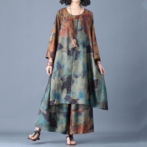 Vintage Elegant Woman Pants And Blouse Set Long Irregula Shirt Female Chinese Style Silk Loose 2 Piece Sets Womens Outfits 11322