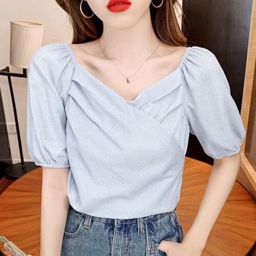 2021 Summer New French Bubble Sleeve V-neck Shirts for Women Tops and Blouses Short Sleeve Solid Blusa Feminina Solid White 0980
