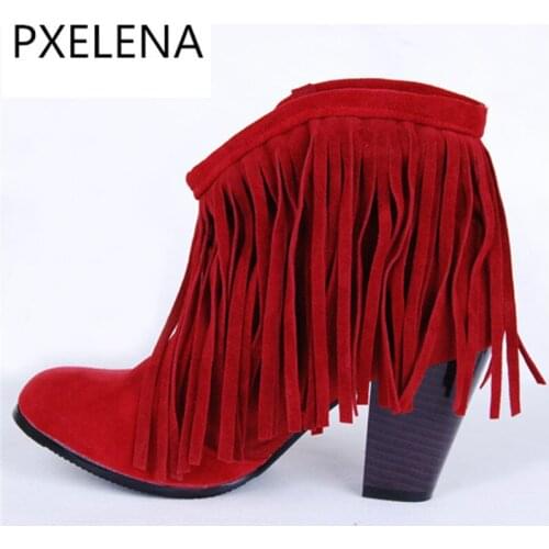 PXELENA 2018 5 Colors New Ladies tassels fringe chunky heels booties cowboy western Woman Faux Suede ankle boots shoes Plus Size