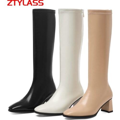 2021 Autumn Knee High Boots Pu Leather Women Boots Fashion Square Toe Back Zipper Heel Boots Winter Woman Shoes Size 42 43 44 45