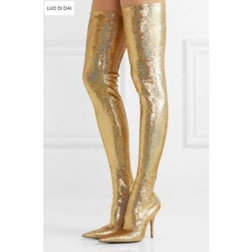 2019 autumn new woman point toe thigh high boots bling bling boots glitter women booties leopard over knee high booties