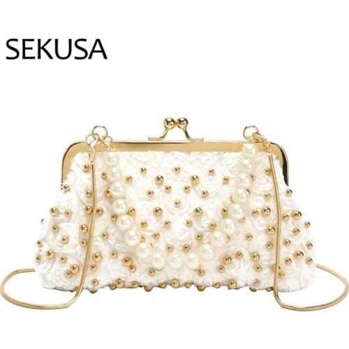 Beaded rose women clutch satin elegant cocktail female evening bags wedding bridal handbags shoulder chain party purse