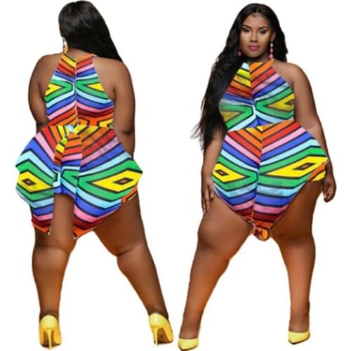 Plus Size Swimwear Bathing Suit Women Wholesale Jumpsuit Beach Striped Print Polyester Summer Halter Dropshipping Swimsuit 2021