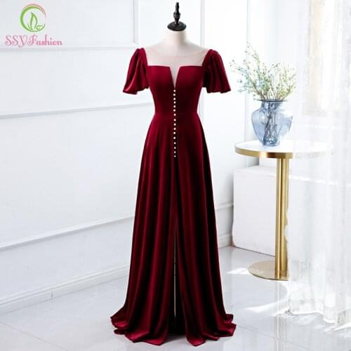 SSYFashion New Evening Dress for Women Wine Red Simple Velour Puff Sleeve Floor-length Long Formal Gowns Vestidos De Fiesta