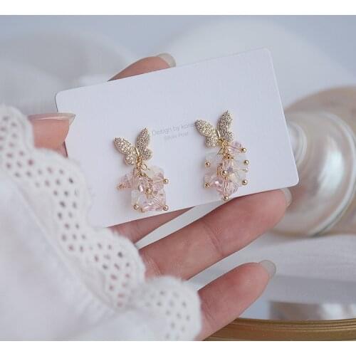 14k Gold Plated Fine Jewelry Micro-inlaid Zircon Butterfly Pink Crystal Earrings for Woman Daily Summer Luxury Stud Earring